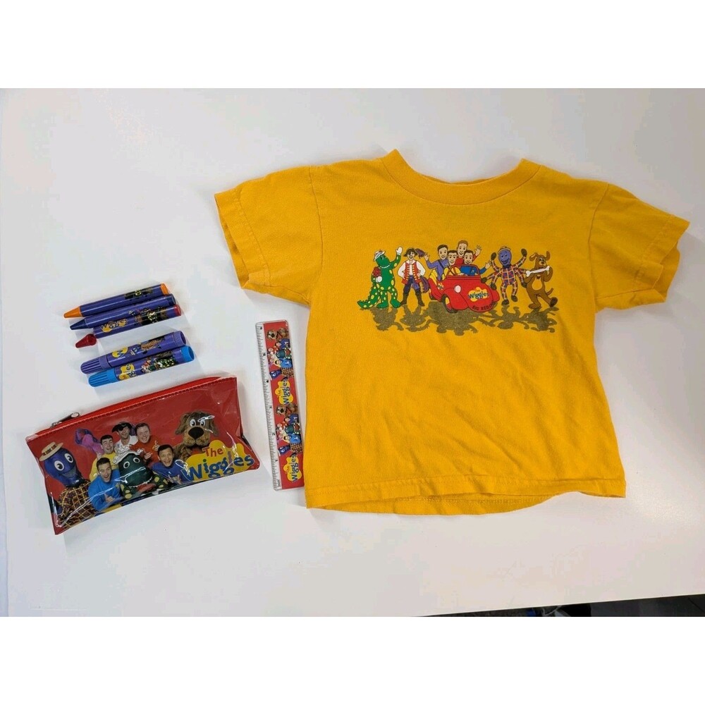 Vintage 2003 The Wiggles T-Shirt 3T Big Red Car + Pencil Case Ruler Crayons Lot